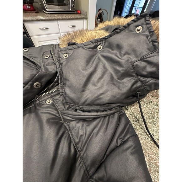 Y2K jacket zip Fur Hood Puffer Jacket XS Crop Bomber Black Down Express - Picture 13 of 14